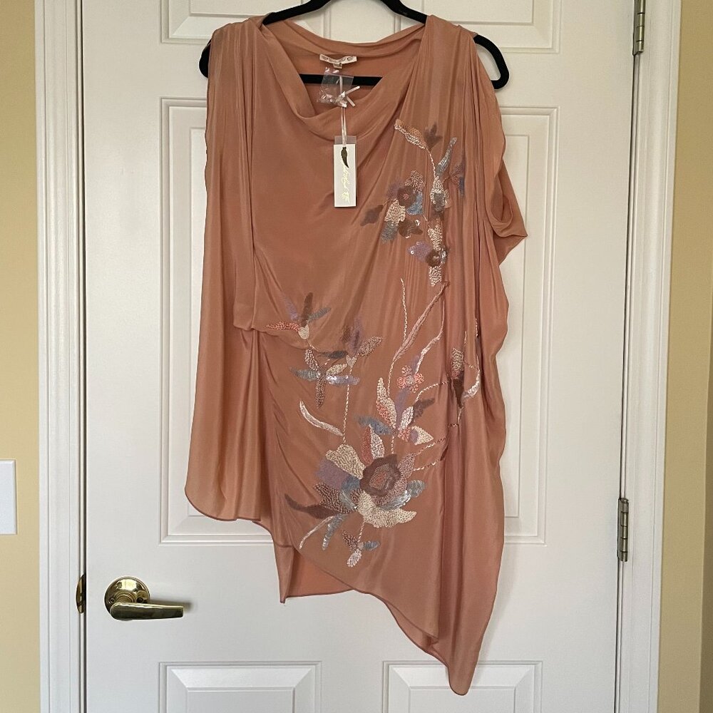NWT RARE Silk Gold Hawk Hand Embellished Orchid Drape Tunic Dress - Size Small